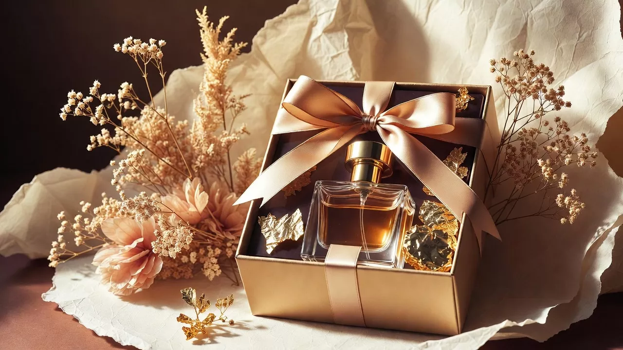 Coffret cadeau parfum avec ruban satin doré et fleurs séchées