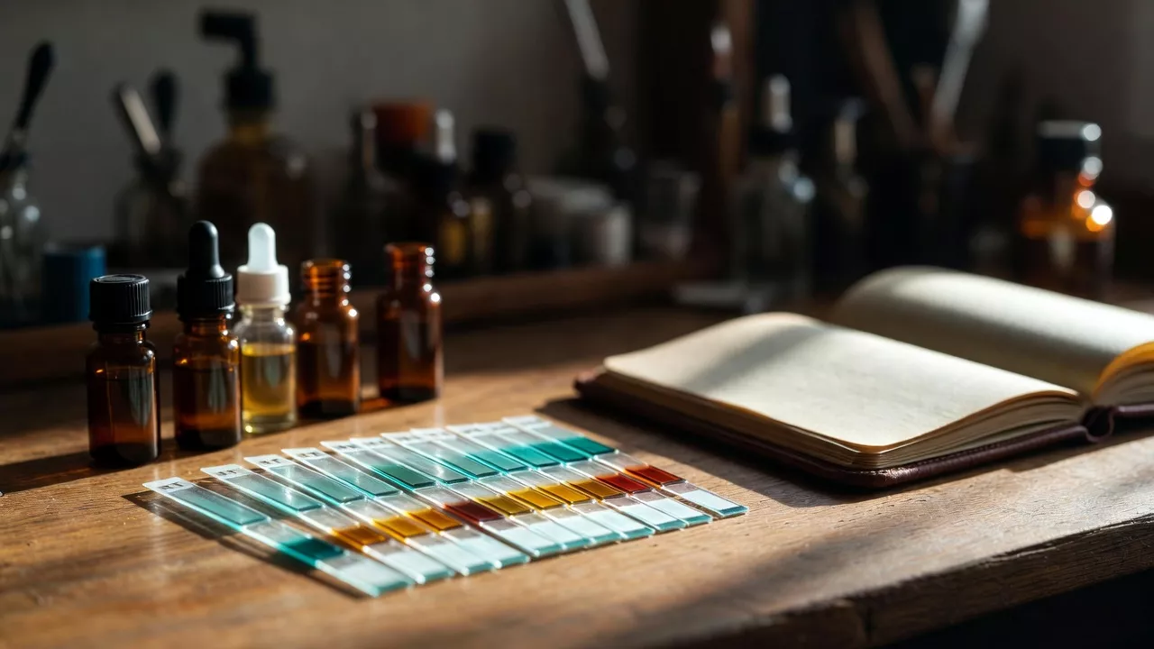 Bureau de parfumeur avec mouillettes, flacons ambrés et carnet