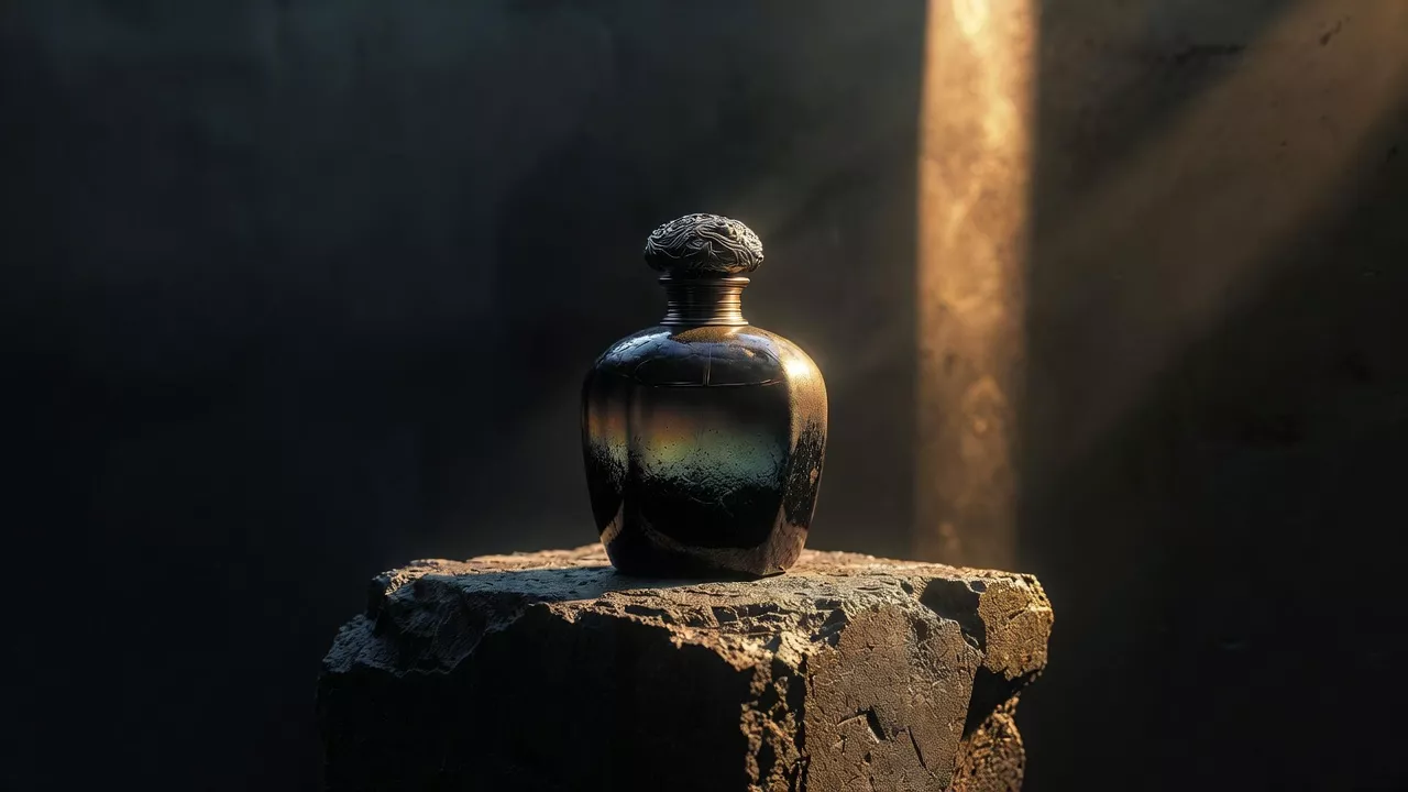 Flacon artisanal sur piédestal de pierre, clair-obscur doré